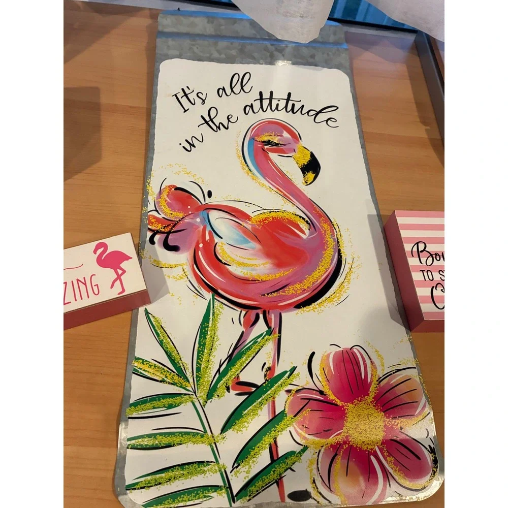 Flamingo Home Decor‎ Set Metal Wall Art & Wood Block Signs 3 Piece Tropical Lot
